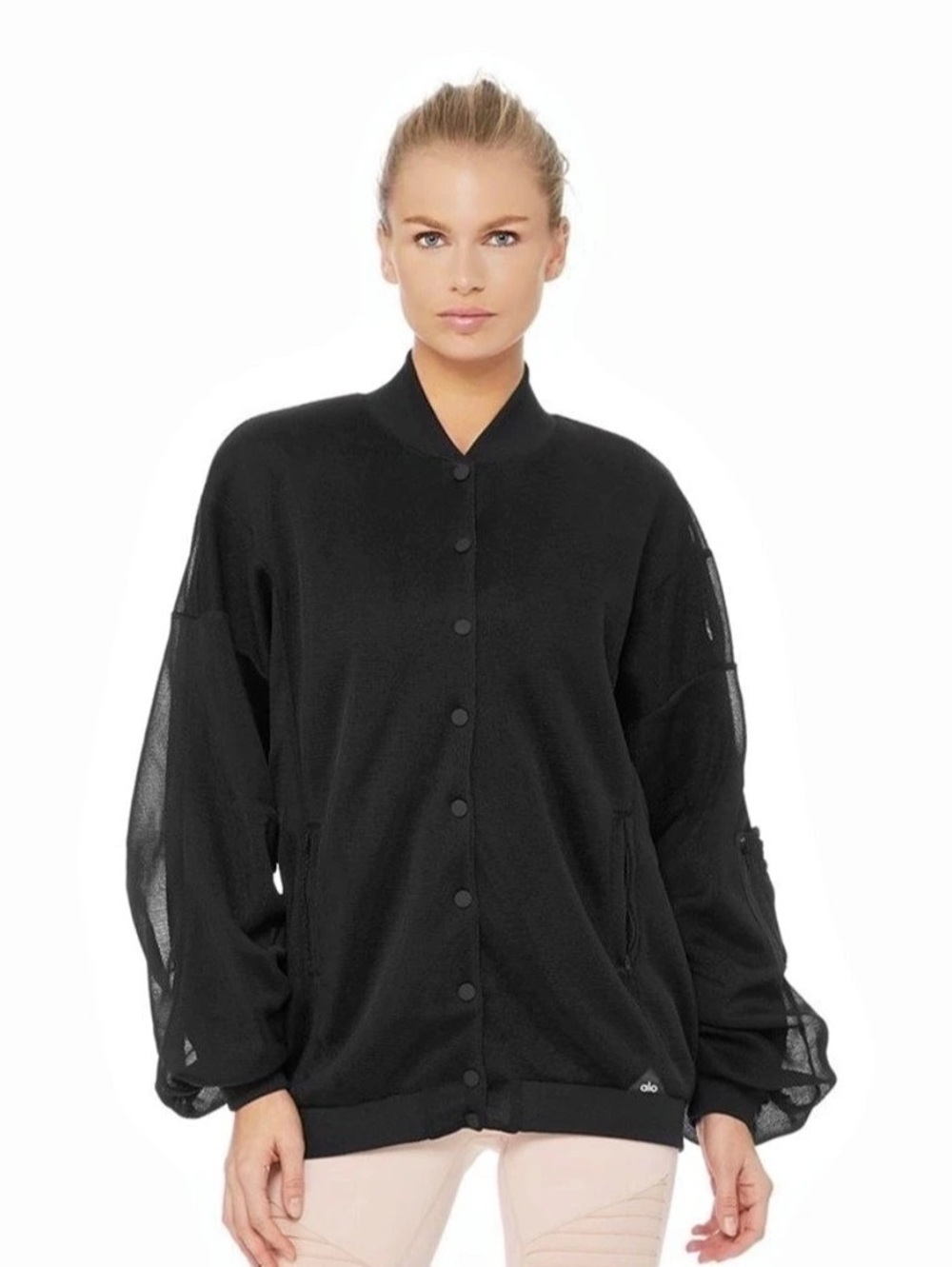 NWOT - Alo Black Mesh Sleeve Bomber Jacket Like New
